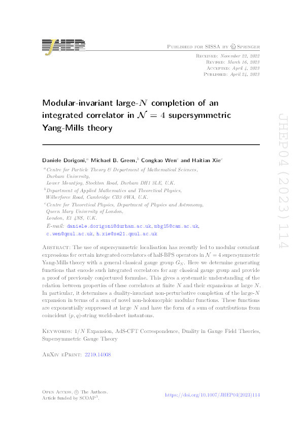 Modular-invariant large-N completion of an integrated correlator in  N= 4 supersymmetric Yang-Mills theory Thumbnail