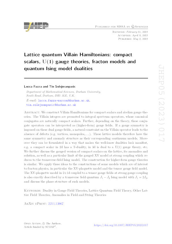 Lattice quantum Villain Hamiltonians: compact scalars, U(1) gauge theories, fracton models and quantum Ising model dualities Thumbnail