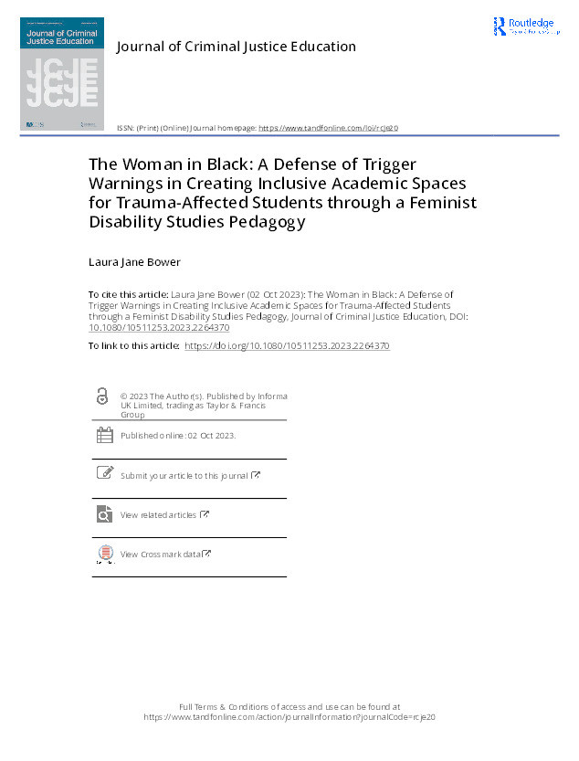 The Woman in Black: A Defense of Trigger Warnings in Creating Inclusive Academic Spaces for Trauma-Affected Students through a Feminist Disability Studies Pedagogy Thumbnail