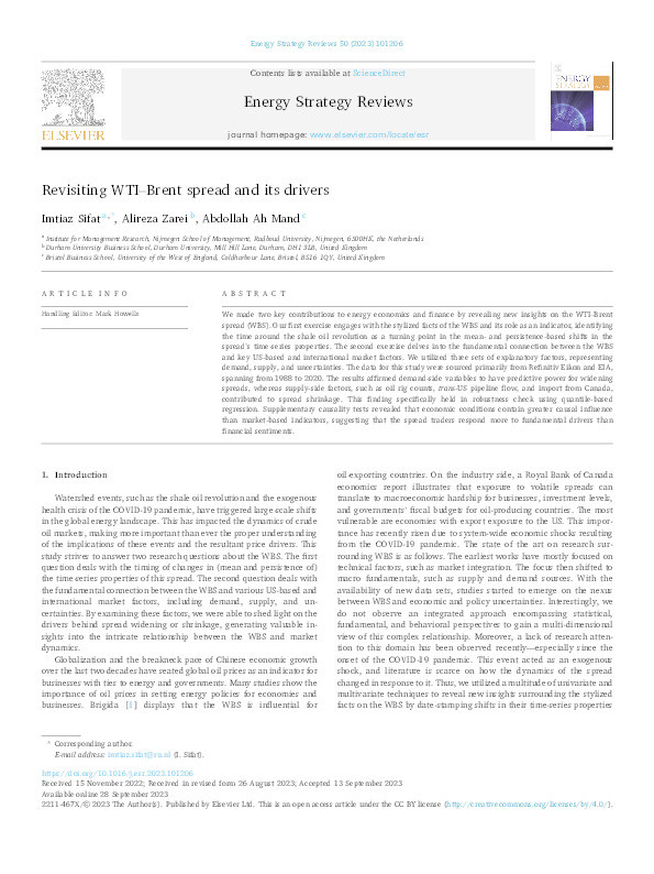 Revisiting WTI–Brent spread and its drivers Thumbnail