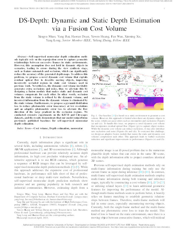 DS-Depth: Dynamic and Static Depth Estimation via a Fusion Cost Volume Thumbnail