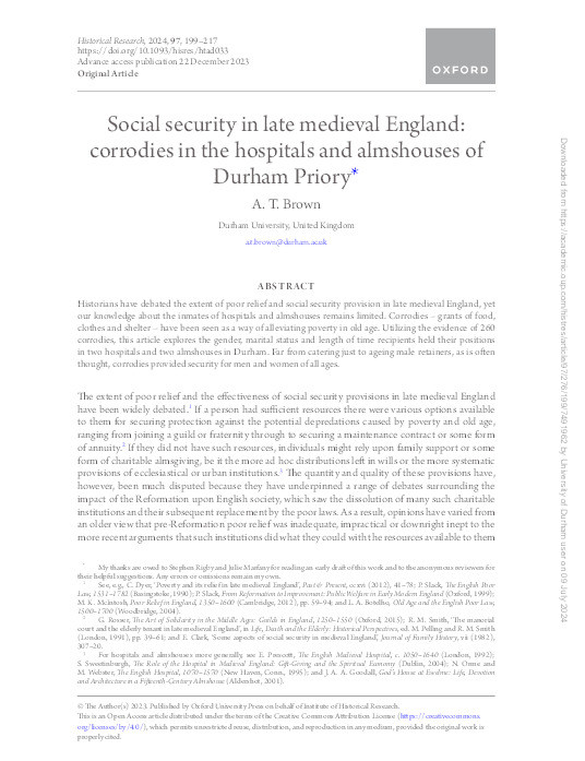 Social Security in Late Medieval England: Corrodies in the Hospitals and Almshouses of Durham Priory Thumbnail