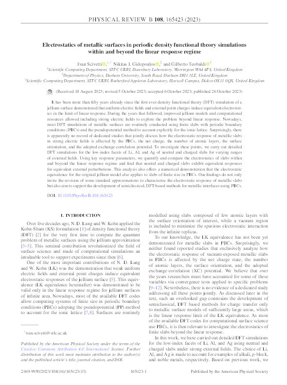 Electrostatics of metallic surfaces in periodic density functional theory simulations within and beyond the linear response regime Thumbnail
