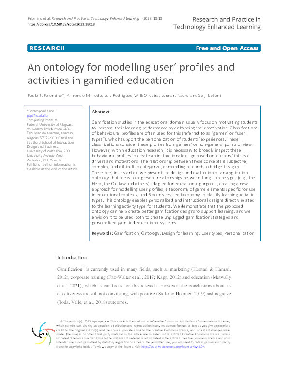 An ontology for modelling user’ profiles and activities in gamified education Thumbnail