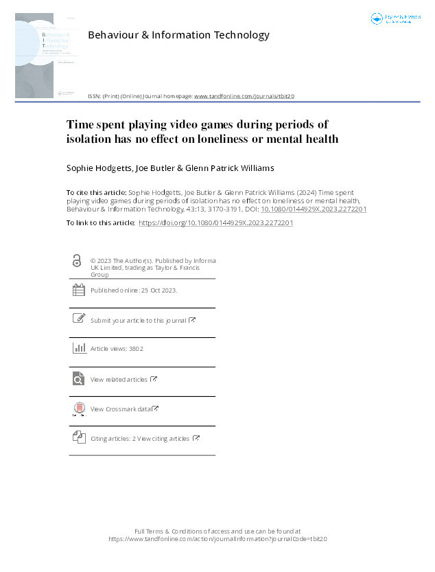 Time spent playing video games during periods of isolation has no effect on loneliness or mental health Thumbnail