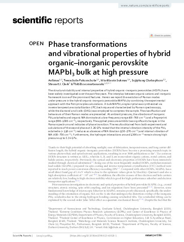 Phase transformations and vibrational properties of hybrid organic–inorganic perovskite MAPbI 3 bulk at high pressure Thumbnail