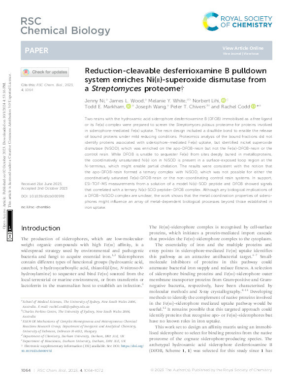 Reduction-cleavable desferrioxamine B pulldown system enriches Ni( ii )-superoxide dismutase from a Streptomyces proteome Thumbnail