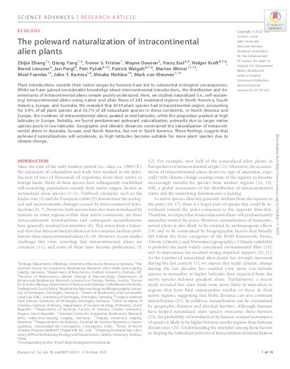 The poleward naturalization of intracontinental alien plants. Thumbnail
