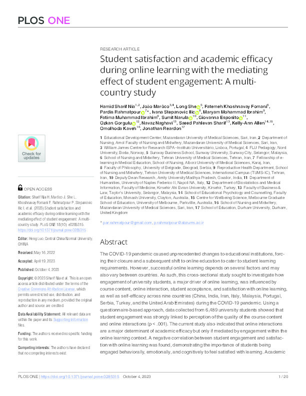 Student satisfaction and academic efficacy during online learning with the mediating effect of student engagement: A multi-country study. Thumbnail