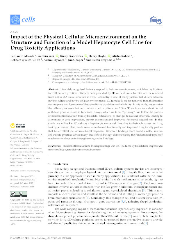Impact of the Physical Cellular Microenvironment on the Structure and Function of a Model Hepatocyte Cell Line for Drug Toxicity Applications Thumbnail