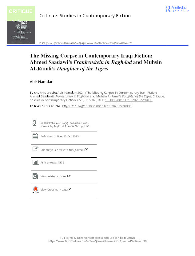 The Missing Corpse in Contemporary Iraqi Fiction: Ahmed Saadawi’s            Frankenstein in Baghdad            and Muhsin Al-Ramili’s            Daughter of the Tigris Thumbnail