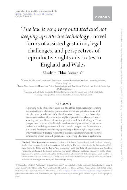 ‘The law is very, very outdated and not keeping up with the technology’: novel forms of assisted gestation, legal challenges, and perspectives of reproductive rights advocates in England and Wales Thumbnail