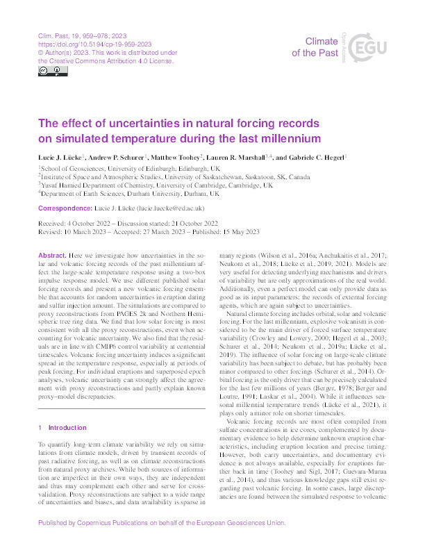 The effect of uncertainties in natural forcing records  on simulated temperature during the last millennium Thumbnail