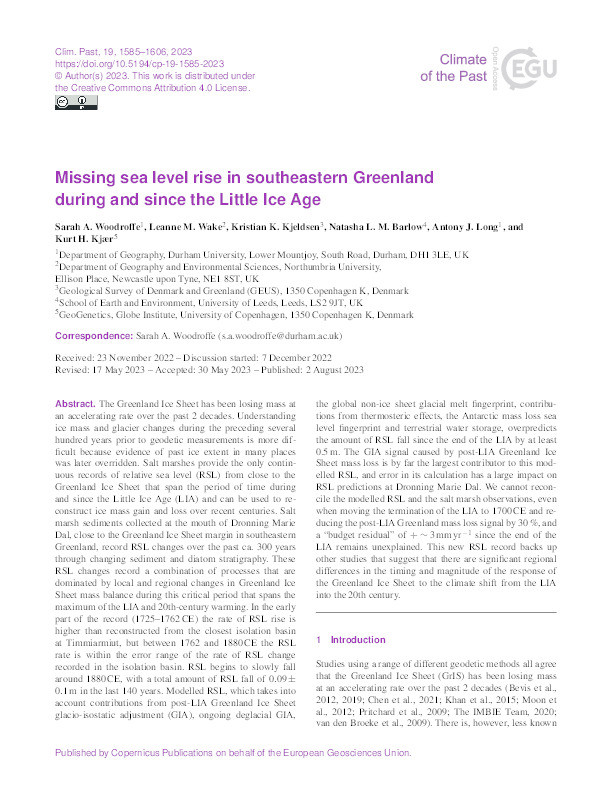 Missing sea level rise in southeastern Greenland  during and since the Little Ice Age Thumbnail