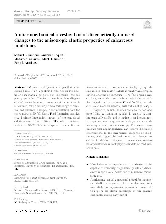 A micromechanical investigation of diagenetically-induced changes to the anisotropic elastic properties of calcareous mudstones Thumbnail