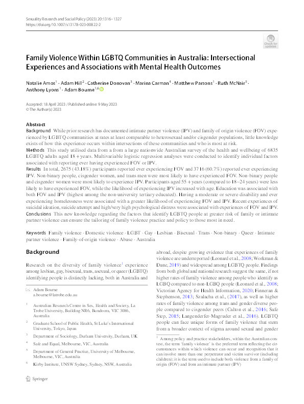 Family Violence Within LGBTQ Communities in Australia: Intersectional Experiences and Associations with Mental Health Outcomes Thumbnail