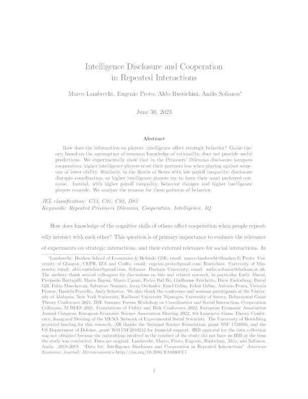 Intelligence Disclosure and Cooperation in Repeated Interactions Thumbnail