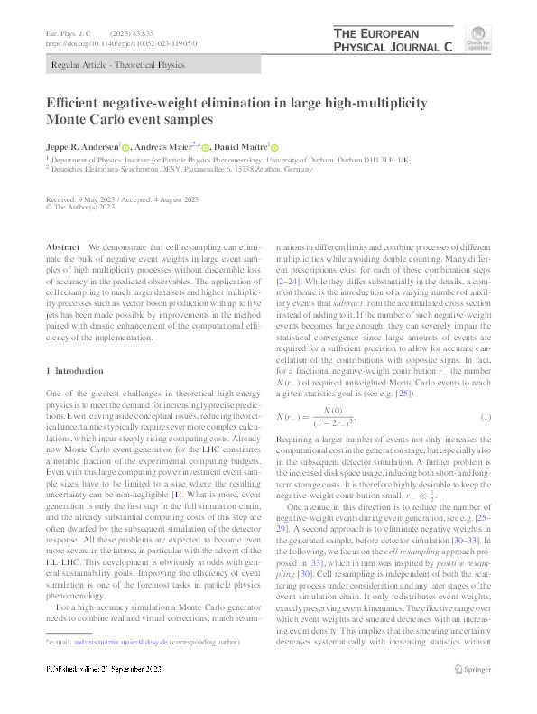 Efficient negative-weight elimination in large high-multiplicity Monte Carlo event samples Thumbnail