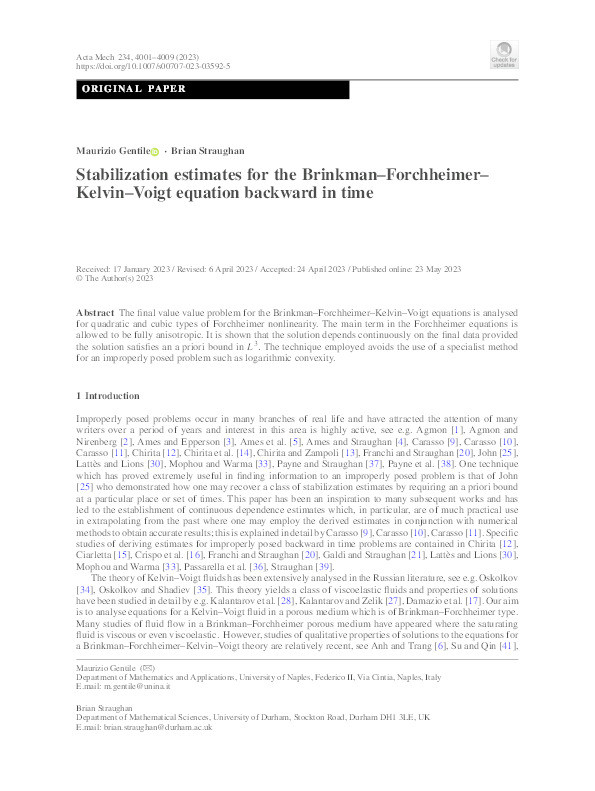 Stabilization estimates for the Brinkman–Forchheimer–Kelvin–Voigt equation backward in time Thumbnail