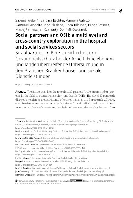 Social partners and OSH: a multilevel and cross-country exploration in the hospital and social services sectors Thumbnail