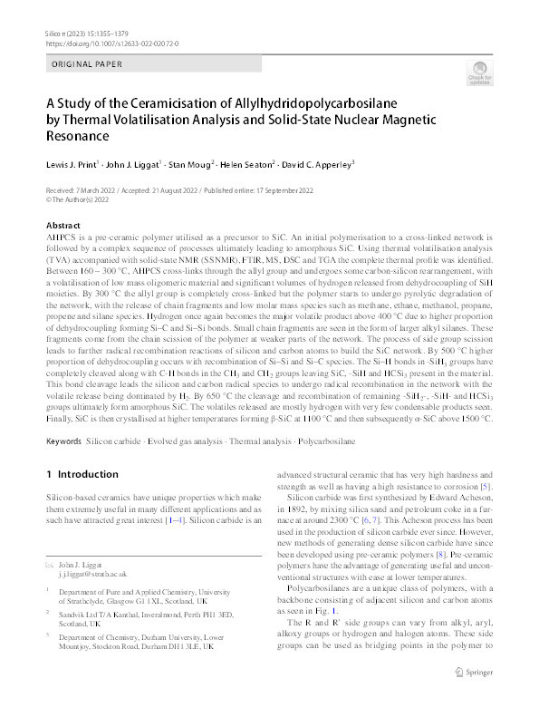 A Study of the Ceramicisation of Allylhydridopolycarbosilane by Thermal Volatilisation Analysis and Solid-State Nuclear Magnetic Resonance Thumbnail