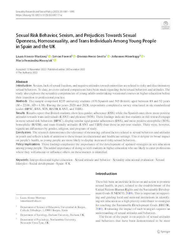 Sexual Risk Behavior, Sexism, and Prejudices Towards Sexual Openness, Homosexuality, and Trans Individuals Among Young People in Spain and the UK Thumbnail