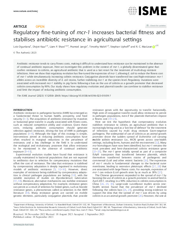 Regulatory fine-tuning of mcr-1 increases bacterial fitness and stabilises antibiotic resistance in agricultural settings Thumbnail