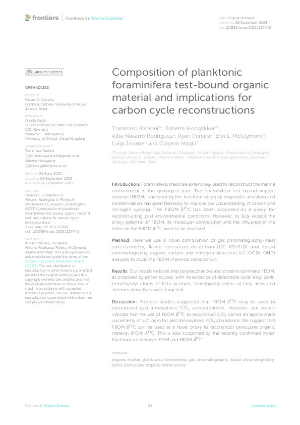 Composition of planktonic foraminifera test-bound organic material and implications for carbon cycle reconstructions Thumbnail
