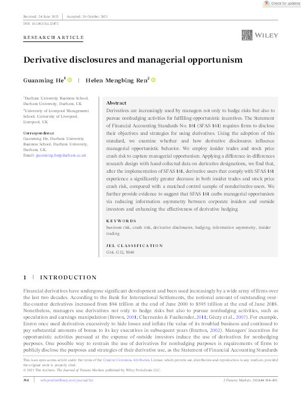 Derivative disclosures and managerial opportunism Thumbnail