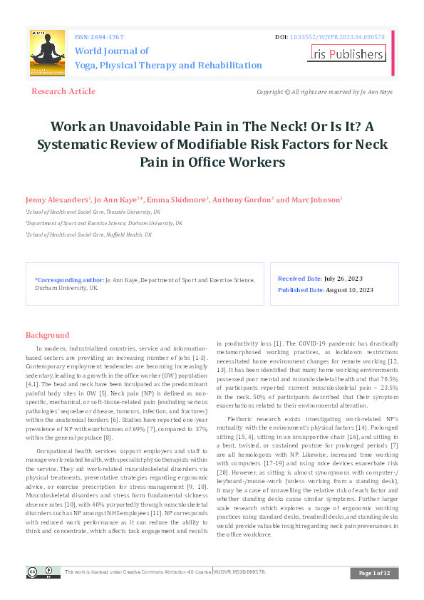 Work an unavoidable pain in the Neck! Or is it? A systematic review of modifiable risk factors for neck pain in office workers. Thumbnail