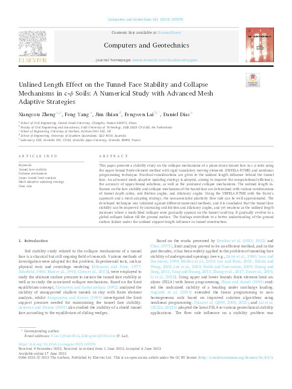 Unlined Length Effect on the Tunnel Face Stability and Collapse Mechanisms in c-ϕ Soils: A Numerical Study with Advanced Mesh Adaptive Strategies Thumbnail