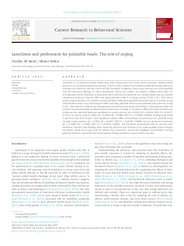 Loneliness and preferences for palatable foods: The role of coping Thumbnail