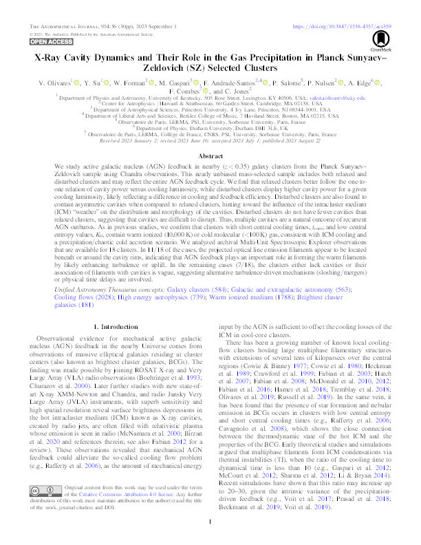 X-Ray Cavity Dynamics and Their Role in the Gas Precipitation in Planck Sunyaev–Zeldovich (SZ) Selected Clusters Thumbnail