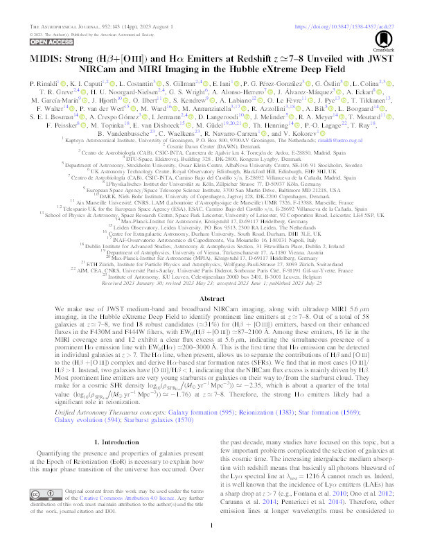 MIDIS: Strong (Hβ+[O iii]) and Hα Emitters at Redshift z ≃ 7–8 Unveiled with JWST NIRCam and MIRI Imaging in the Hubble eXtreme Deep Field Thumbnail