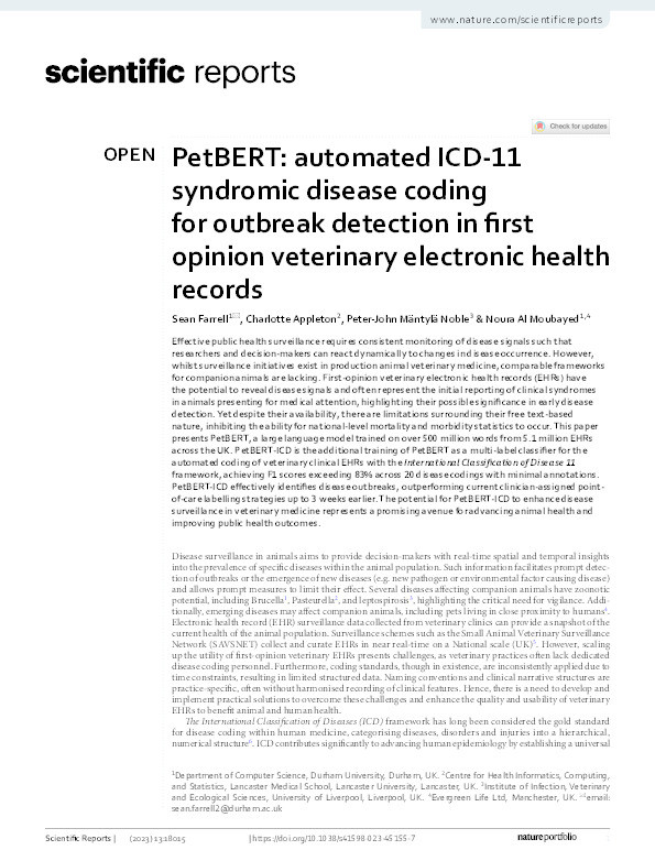 PetBERT: automated ICD-11 syndromic disease coding for outbreak detection in first opinion veterinary electronic health records Thumbnail
