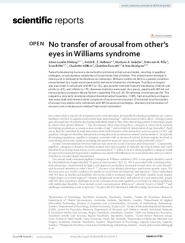 No transfer of arousal from other’s eyes in Williams syndrome Thumbnail