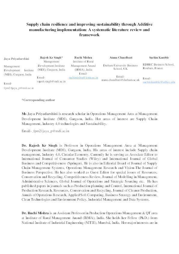 Supply chain resilience and improving sustainability through additive manufacturing implementation: a systematic literature review and framework Thumbnail