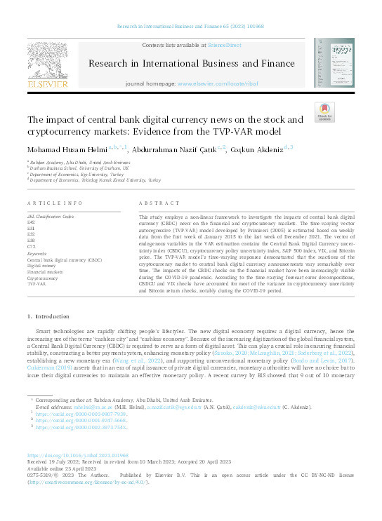 The impact of central bank digital currency news on the stock and cryptocurrency markets: Evidence from the TVP-VAR model Thumbnail