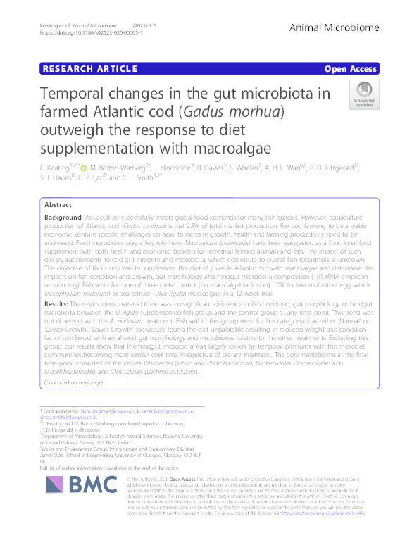 Temporal changes in the gut microbiota in farmed Atlantic cod (Gadus morhua) outweigh the response to diet supplementation with macroalgae Thumbnail