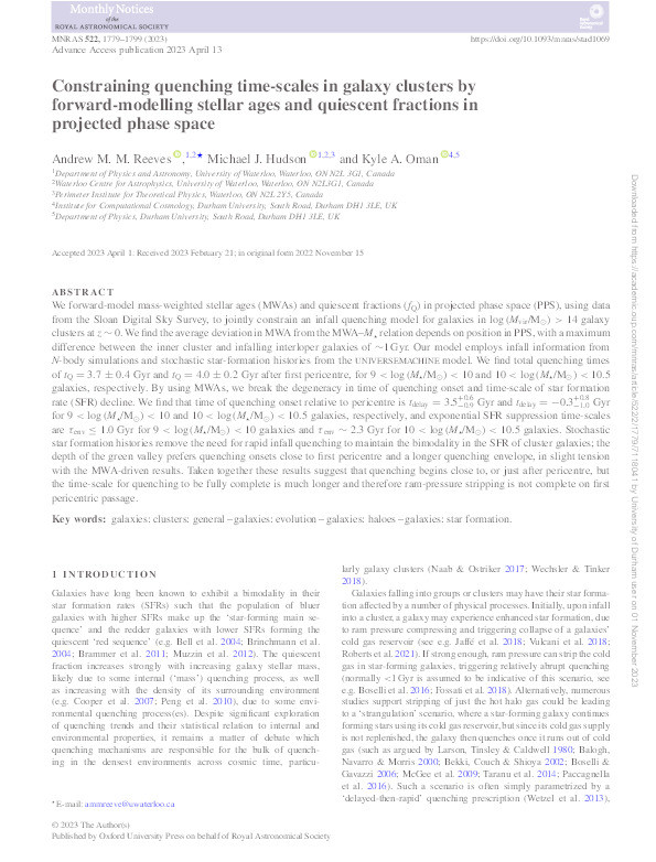 Constraining quenching time-scales in galaxy clusters by forward-modelling stellar ages and quiescent fractions in projected phase space Thumbnail