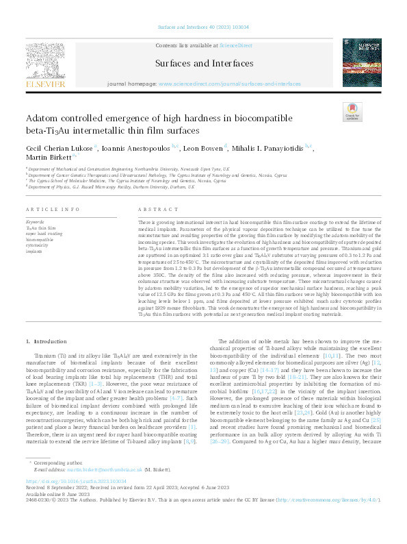 Adatom controlled emergence of high hardness in biocompatible beta-Ti3Au intermetallic thin film surfaces Thumbnail