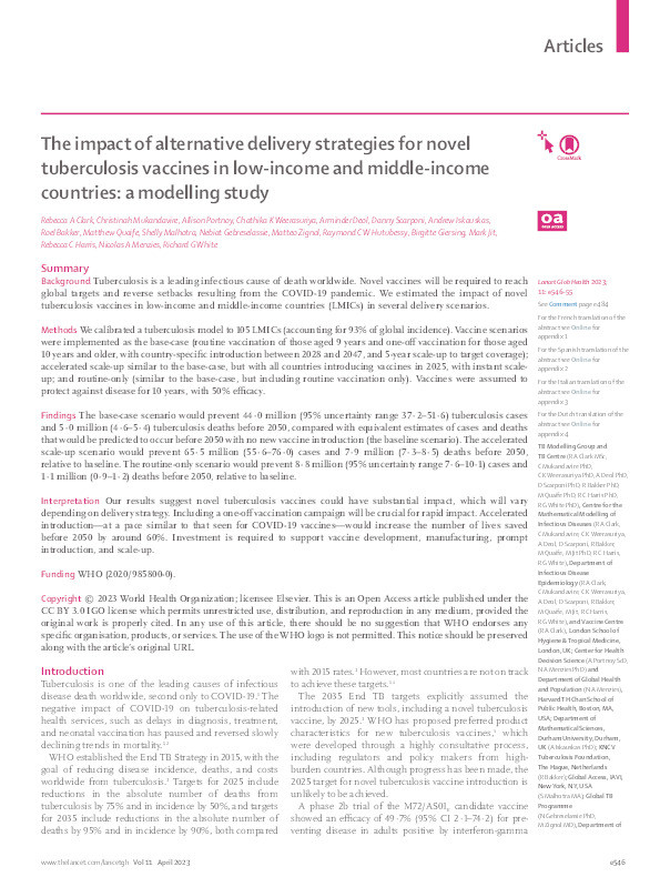 The impact of alternative delivery strategies for novel tuberculosis vaccines in low-income and middle-income countries: a modelling study Thumbnail