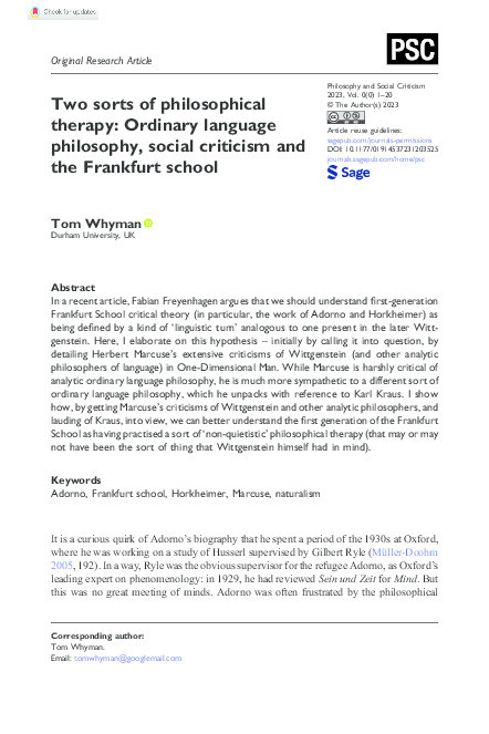 Two sorts of philosophical therapy: Ordinary language philosophy, social criticism and the Frankfurt school Thumbnail