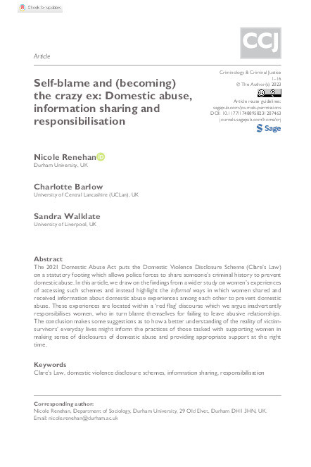 Self-blame and (becoming) the crazy ex: Domestic abuse, information sharing and responsibilisation Thumbnail