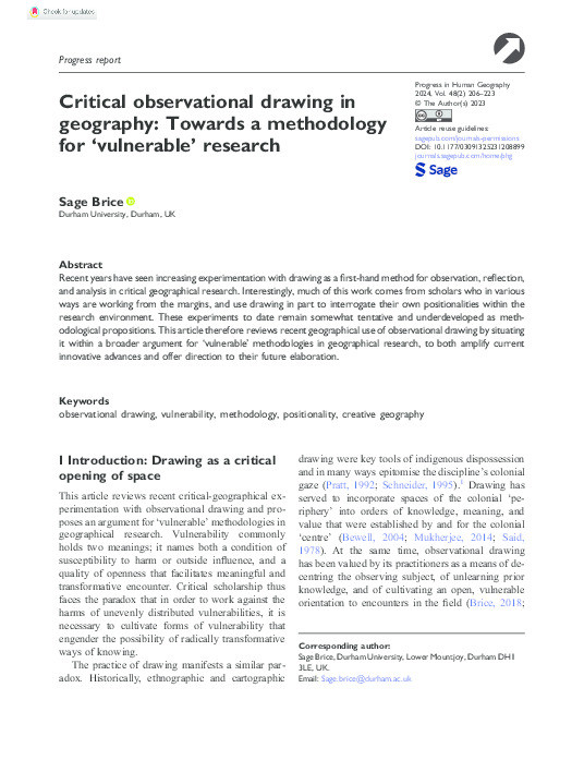Critical observational drawing in geography: Towards a methodology for ‘vulnerable’ research Thumbnail