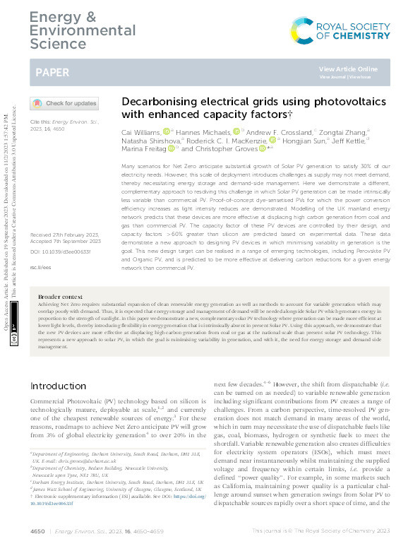 Decarbonising electrical grids using photovoltaics with enhanced capacity factors Thumbnail
