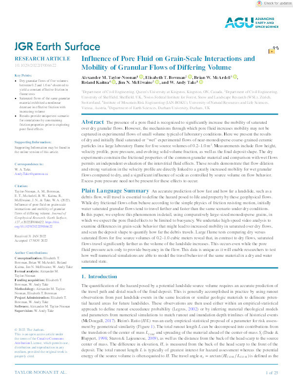 Influence of Pore Fluid on Grain‐Scale Interactions and Mobility of Granular Flows of Differing Volume Thumbnail