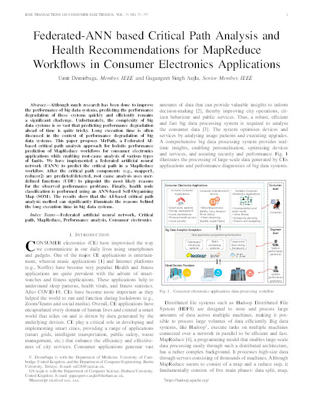 Federated-ANN based Critical Path Analysis and Health Recommendations for MapReduce Workflows in Consumer Electronics Applications Thumbnail