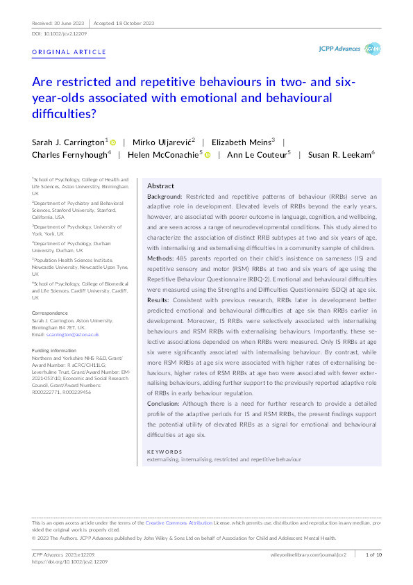 Are restricted and repetitive behaviours in two‐ and six‐year‐olds associated with emotional and behavioural difficulties? Thumbnail