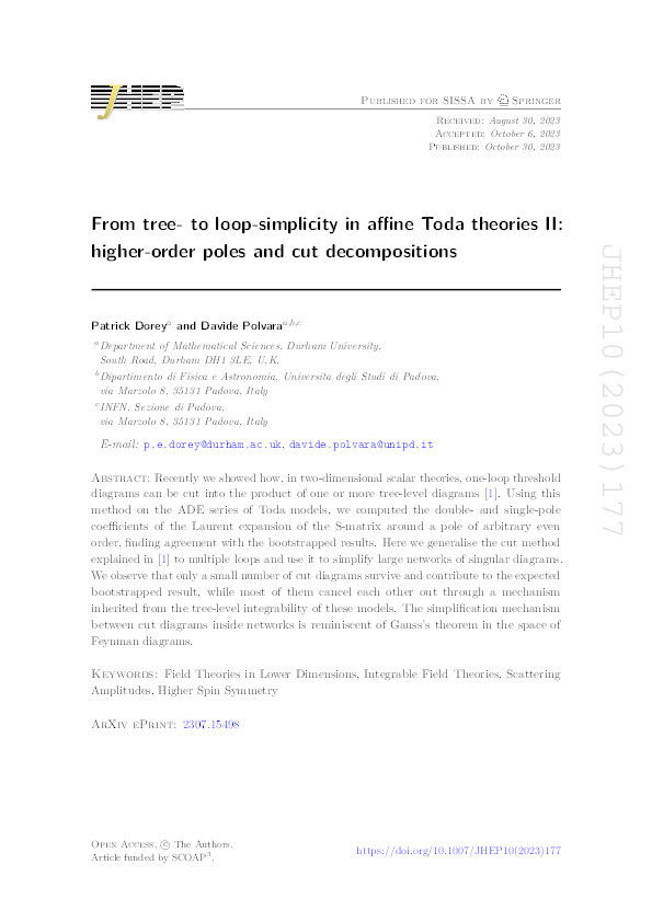 From tree- to loop-simplicity in affine Toda theories II: higher-order poles and cut decompositions Thumbnail